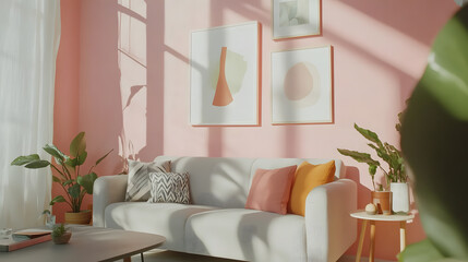 Sophisticated living room with soft pink tones, modern art, and a cozy seating arrangement.