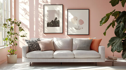 Naklejka premium Bright living room with a light-colored sofa and decorative art pieces on the walls.