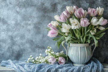 Fototapeta premium A charming vase brimming with vibrant flowers rests atop a soft blue cloth, radiating love and warmth for a perfect Valentine's Day celebration.