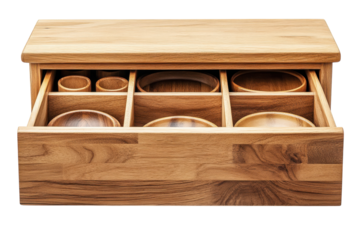 Beautiful handcrafted wooden drawer organizer with various round bowls for kitchen storage solutions
