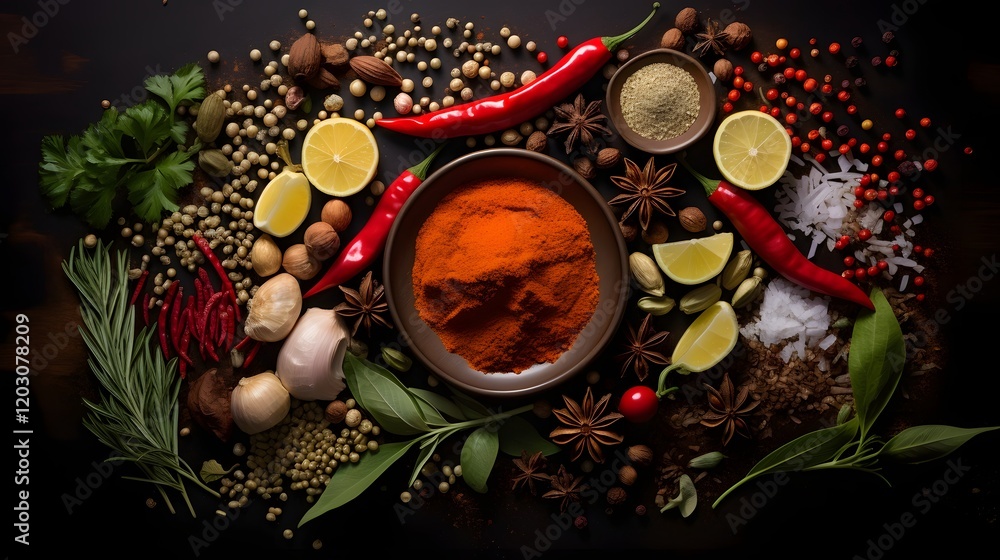 Poster flat lay of an assortment of fresh colorful herbs and spices arranged on a rustic wooden surface thi