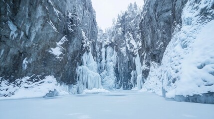 Frozen Fjord Surrounded by Towering Snow Dusted Cliffs