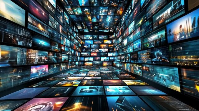 A large room with many screens displaying different images