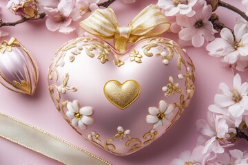 A shimmering heart-shaped ornament glistens with a golden heart, radiating love and warmth, perfect for celebrating Valentine's Day.
