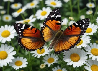 Fototapeta premium Butterfly sipping nectar from a feverfew flower, colorful, insects