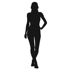 Fototapeta premium A woman is walking on a white background. She is wearing a black shirt and black pants