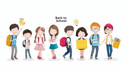 Fototapeta premium A colorful illustration of children with backpacks celebrating 