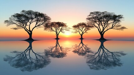 Naklejka premium Tranquil sunset reflecting on calm water with three silhouetted trees.