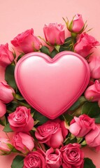A charming heart-shaped pink box rests amidst a bouquet of delicate pink roses, evoking love and romance perfect for Valentine's Day.