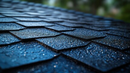 Wet rooftop with blurred trees, useful for weather or home repair ads