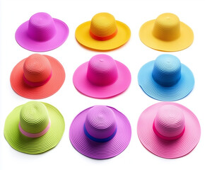 Collection set of colorful beach hats isolated on a white background