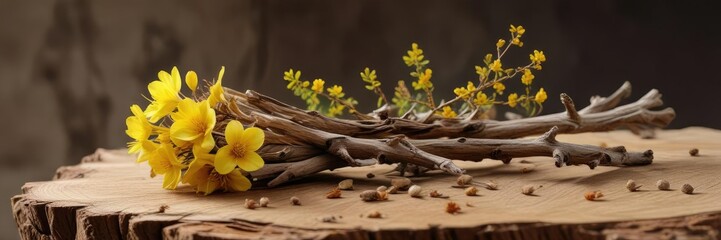 Fototapeta premium Brown dried Acacia leaves and twig on a wooden stump with yellow flower buds, woodland, twigs