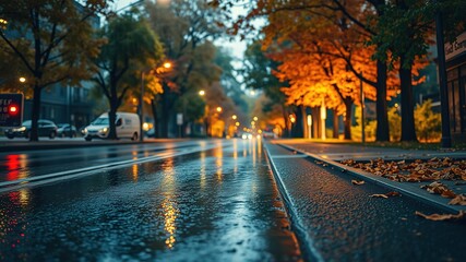 Autumn Rain Asphalt Reflection - Night Road