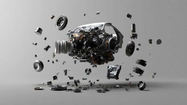 An exploded view of a car engine, parts floating in a high-tech lab setting with a neutral grey background.