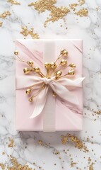 A charming pink gift wrapped in shimmering gold foil, topped with a delicate bow, perfect for expressing love on Valentine's Day.