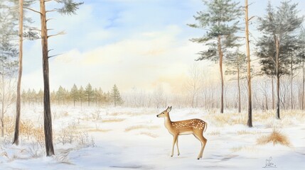 Serene Deer in Snowy Forest Clearing