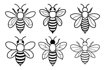 bee black line icon set isolated on white background. Vector illustration in flat style.