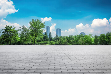 Urban Landscape with Lush Greenery and Clear Blue Skies