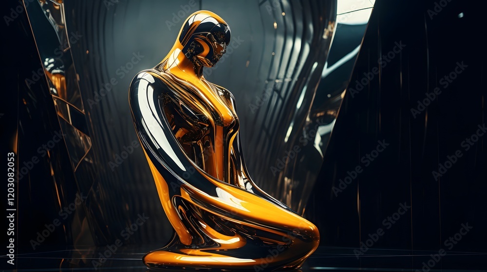 Poster captivating metallic abstract statue with mirrored surfaces bathed in vivid lighting creates a futur