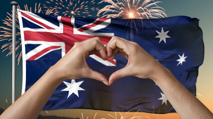 Naklejka premium Hands Forming Heart with Australian Flag and Fireworks
