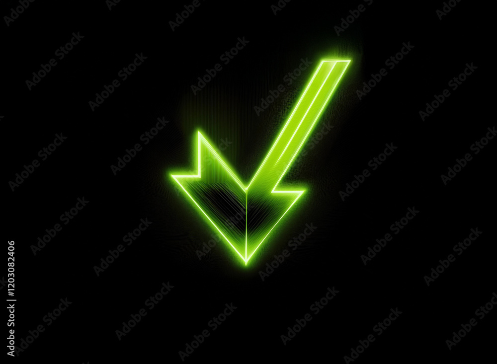 Poster a glowing green checkmark arrow points down, set against a stark black background. the vibrant lime 