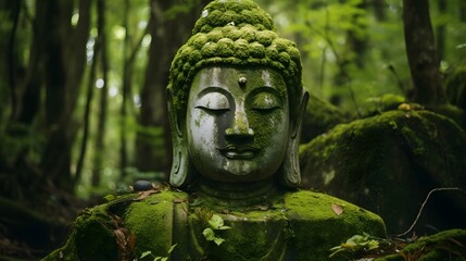 Moss Covered Stone Buddha Head Statue Partially Submerged in Lush Tranquil Forest Landscape  Spiritual Serene and Mystical Atmosphere