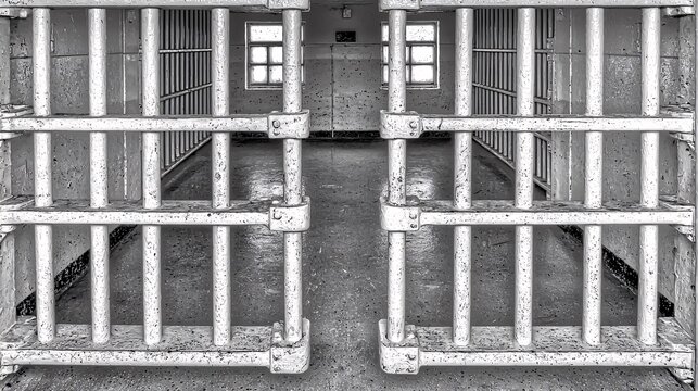 detailed shot of prison cell bars from the inside, with copy space between the bars, capturing the emotional weight of imprisonment. struggle for freedom. 