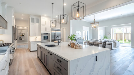 Fototapeta premium Sophisticated kitchen with dark accents, large center island, and modern style.