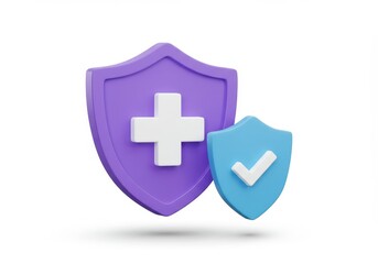 Fototapeta premium A 3D illustration of a purple shield with a large white cross in the center accompanied by a smaller blue shield with a checkmark