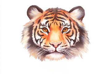 Obraz premium A vibrant watercolor painting of a tiger's face, showcasing its striking orange fur and intense gaze.