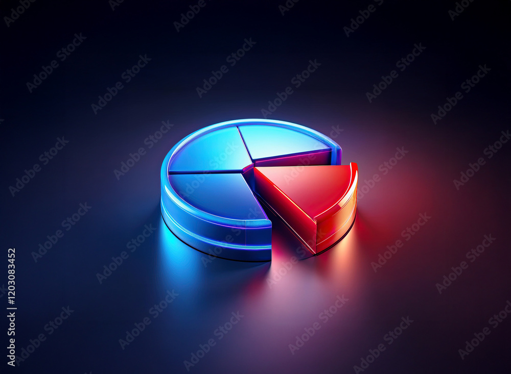Poster glowing 3d pie chart with one red and three blue segments, set against a dark background. the red se