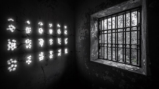 monochrome shot of tightly spaced, worn-down prison bars with sunlight shining through, capturing the sense of longing for freedom. struggle for freedom. 