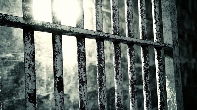monochrome shot of tightly spaced, worn-down prison bars with sunlight shining through, capturing the sense of longing for freedom. struggle for freedom. 