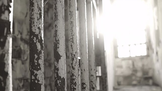 monochrome shot of tightly spaced, worn-down prison bars with sunlight shining through, capturing the sense of longing for freedom. struggle for freedom. 