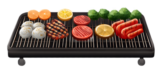 Dishes elevating on a barbecue grill on a transparent background. isolated background.