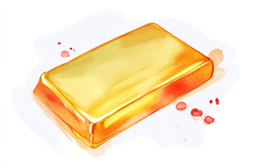 A shiny gold bar on a white background, glimmering with a warm hue and surrounded by small red splatters.