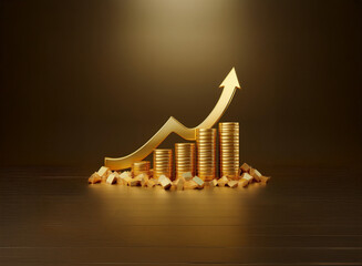 Golden coins stacked in ascending order, forming a bar graph with a rising gold arrow.  It symbolizes financial growth and wealth.  A pile of gold nuggets forms the base.