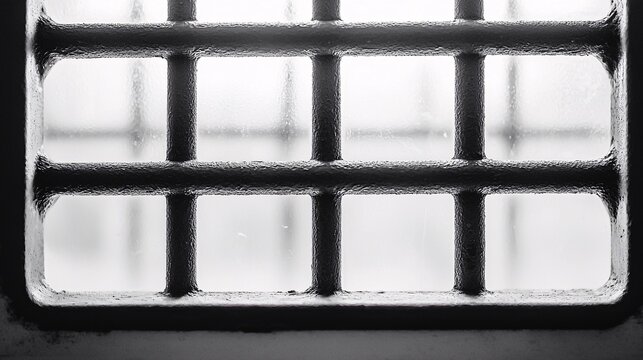 and white image of prison cell bars with high contrast, highlighting severity of imprisonment and open space between bars for text placement struggle for freedom. 