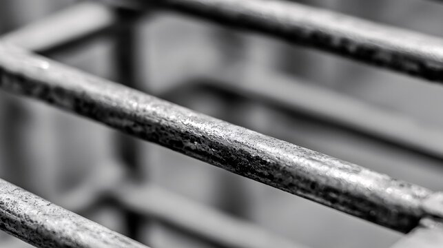 monochromatic shot of prison bars, emphasizing the struggle for freedom with stark contrast and open space between bars struggle for freedom. 