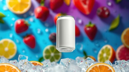 Floating 355ml White Soda Can Mockup with Fruits & Ice