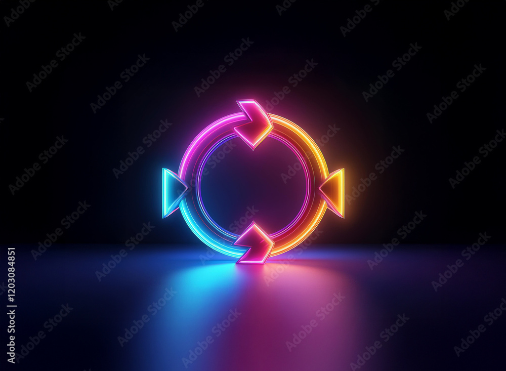 Poster vibrant neon circular arrows glow in the dark, symbolizing continuous flow and cyclical process. the