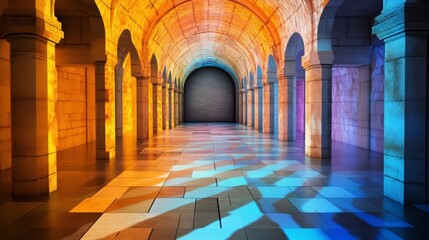 Fototapeta premium Colorful light patterns in an architectural stone hallway