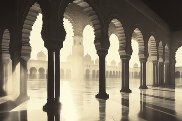 Woman in arched hallway with dramatic light	