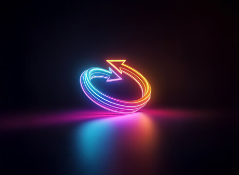 A vibrant, neon circular arrow glows in the dark, its colors blending seamlessly, reflecting on a glossy surface.  The design suggests continuous movement and renewal.