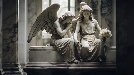 Naklejka premium Pair of elegant angel statues guarding the entrance to a marble tomb in a quiet serene cemetery landscape The ornate detailed figures stand watch over the solemn resting place