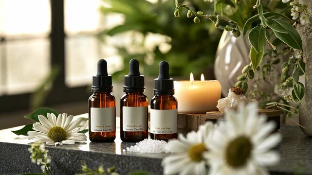 A  essential oil bottles, candles, and salt in the background with spa elements on a gray stone table, white flowers, green leaves, wooden accessories,