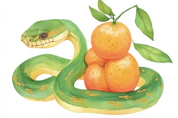 A vibrant green snake coils around a stack of oranges, featuring leaves on top, blending nature with a whimsical touch.