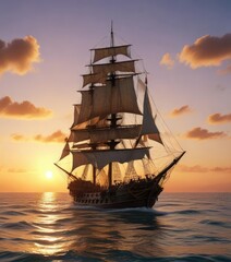 Fototapeta premium An old sailing ship sails across a tranquil ocean at sunset, beautiful sky, nautical scene