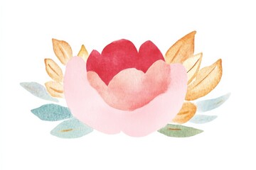 A delicate watercolor floral illustration featuring a pink flower surrounded by soft leaves and warm-colored petals.