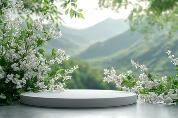 White round podium surrounded by white wildflowers with scenic mountains in the background. Outdoor floral product display mockup with copy space.